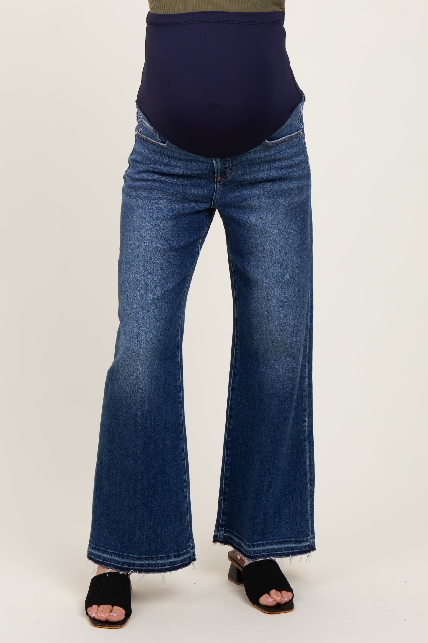 Navy Distressed Raw Hem Wide Leg Maternity Jeans