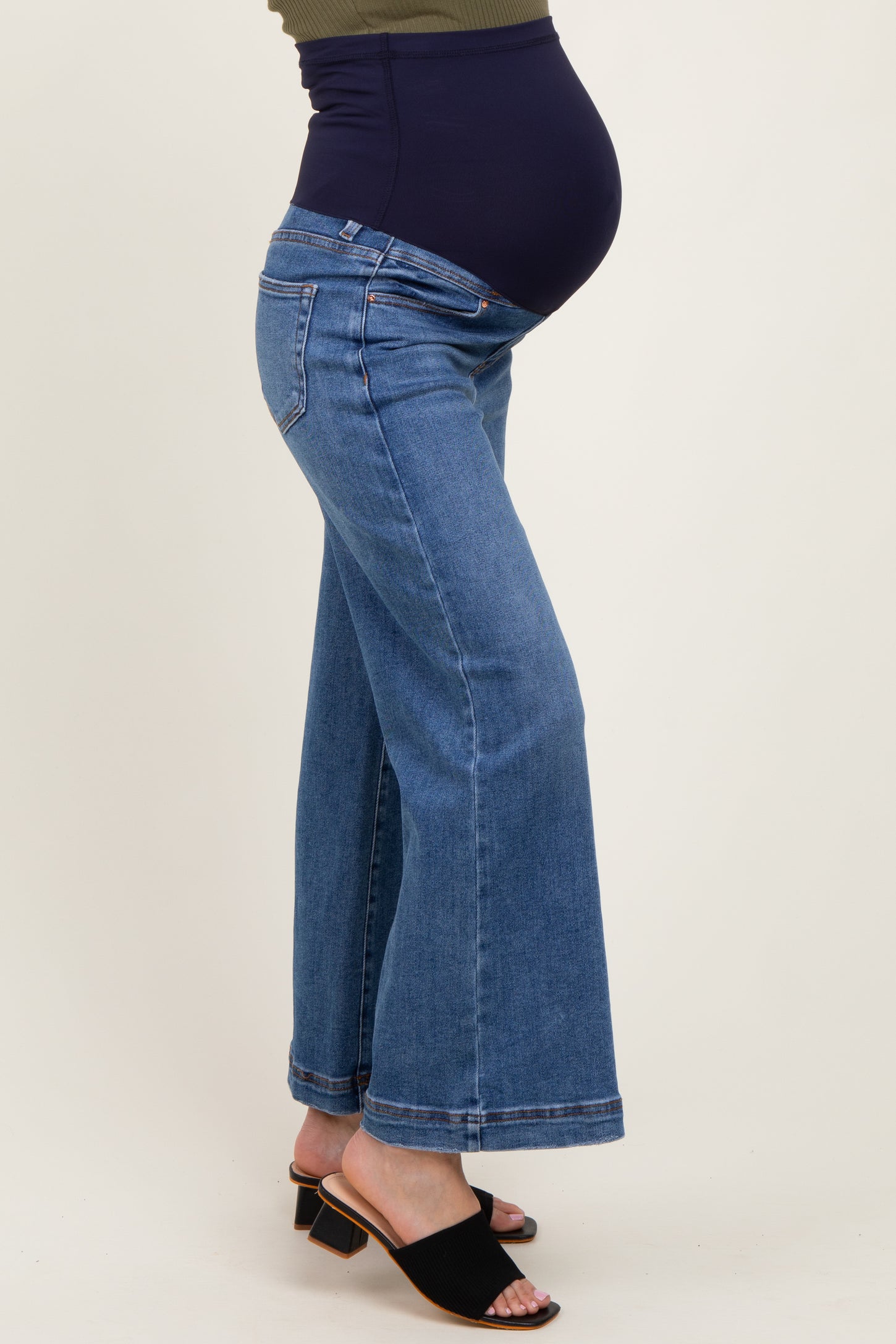 Blue Yoke Detail Ankle Wide Leg Maternity Jeans