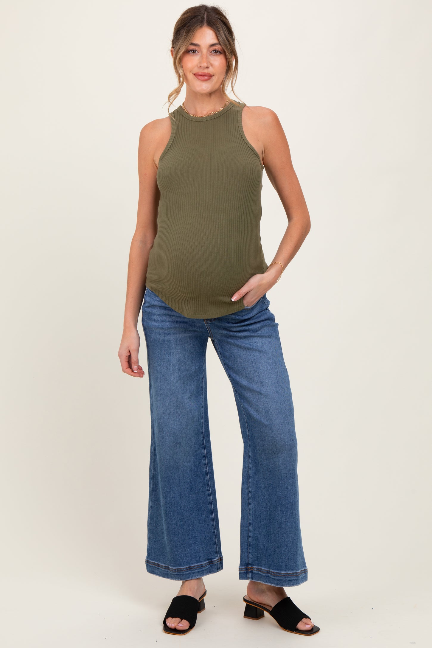 Blue Yoke Detail Ankle Wide Leg Maternity Jeans