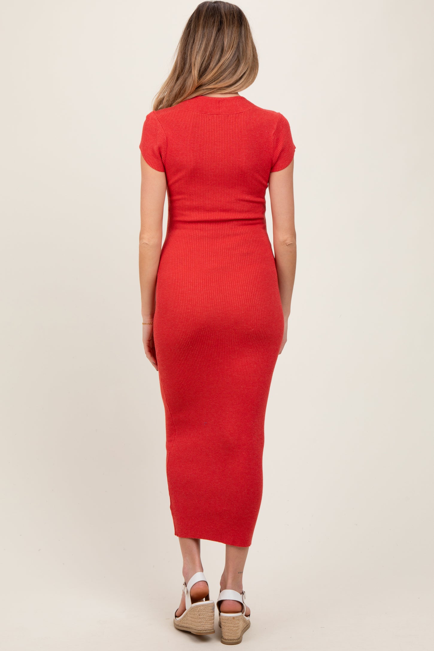 Coral Knit Square Neck Fitted Maternity Midi Dress
