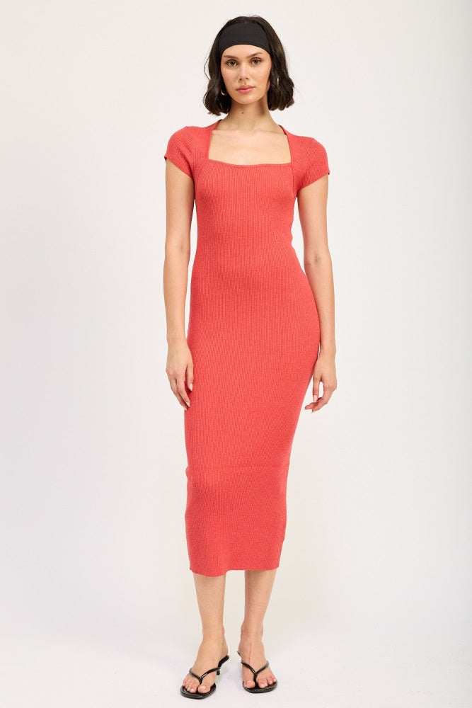 Coral Knit Square Neck Fitted Midi Dress