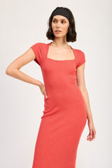 Coral Knit Square Neck Fitted Midi Dress