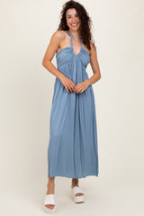 Blue Halter Neck Side Slit Midi Dress