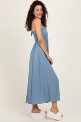 Blue Halter Neck Side Slit Midi Dress