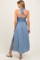 Blue Halter Neck Side Slit Maternity Midi Dress