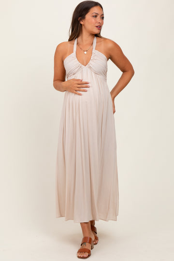 Cream Halter Neck Side Slit Maternity Midi Dress