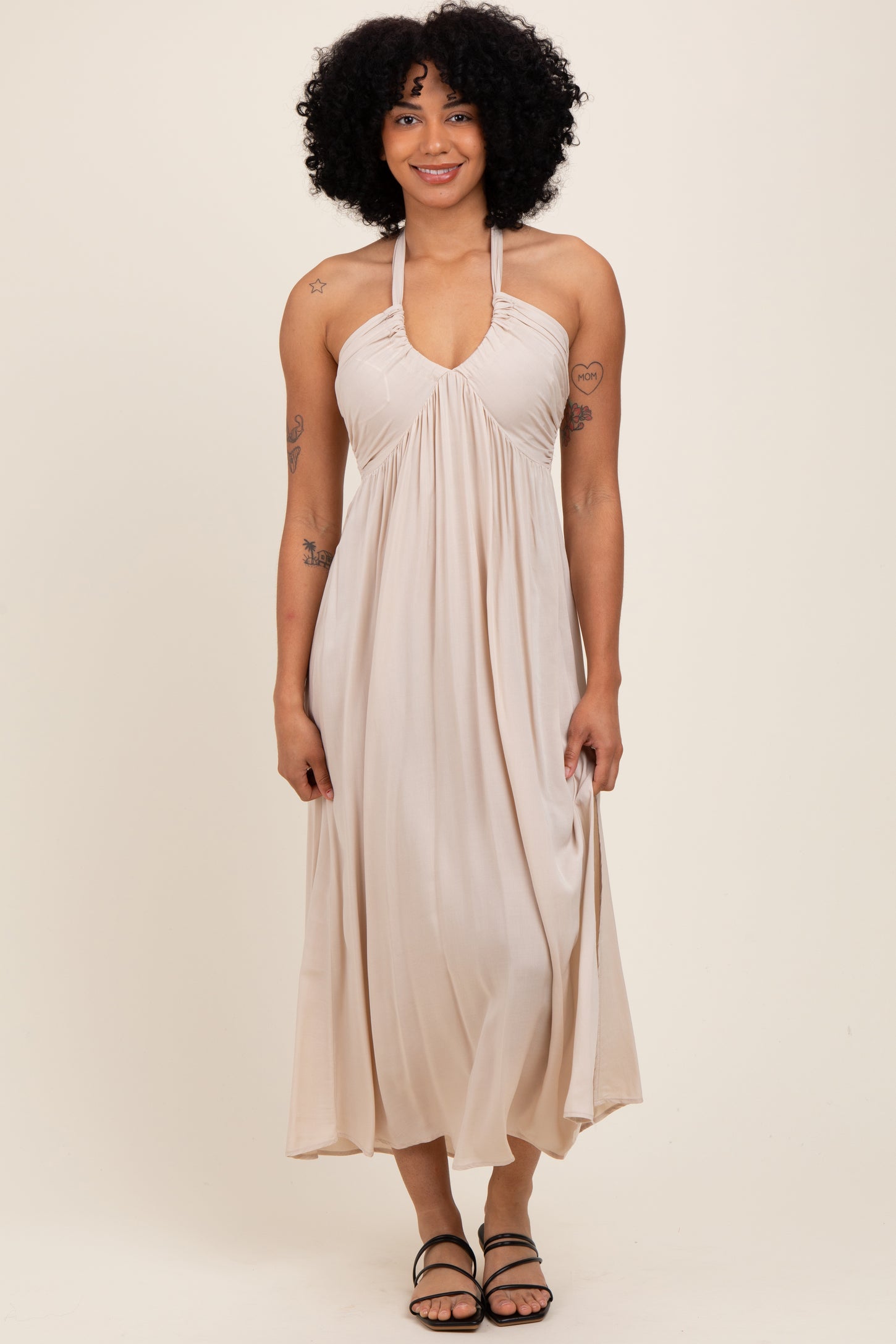 Cream Halter Neck Side Slit Maternity Midi Dress