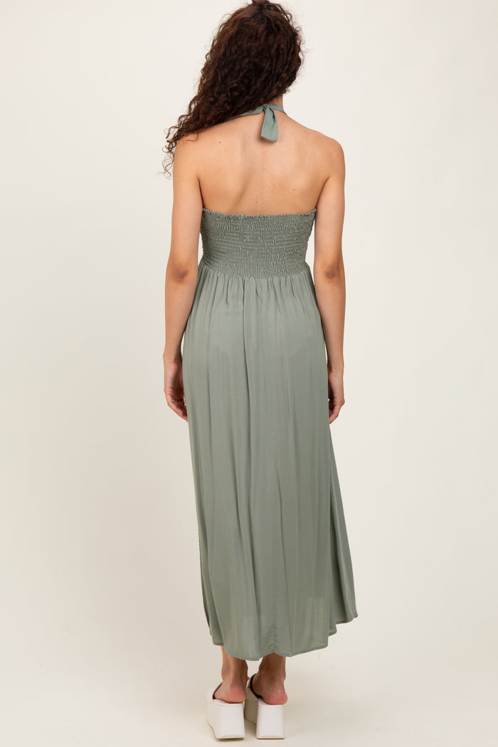 Light Olive Halter Neck Side Slit Midi Dress