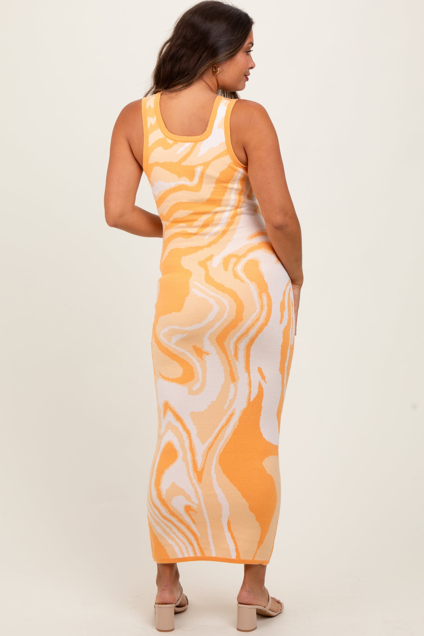 Yellow Abstract Print Knit Fitted Maternity Midi Dress