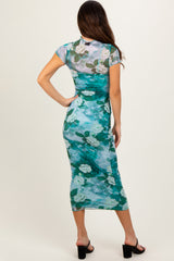 Green Floral Mesh Overlay Fitted Maxi Dress
