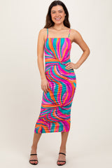Multicolor Abstract Print Ruched Fitted Maternity Midi Dress