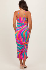 Multicolor Abstract Print Ruched Fitted Maternity Midi Dress