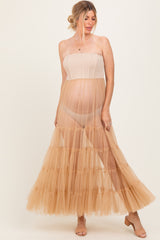 Beige Corset Tiered Tulle Maternity Photoshoot Dress