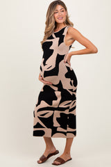 Black Abstract Print Knit Sleeveless Maternity Midi Dress