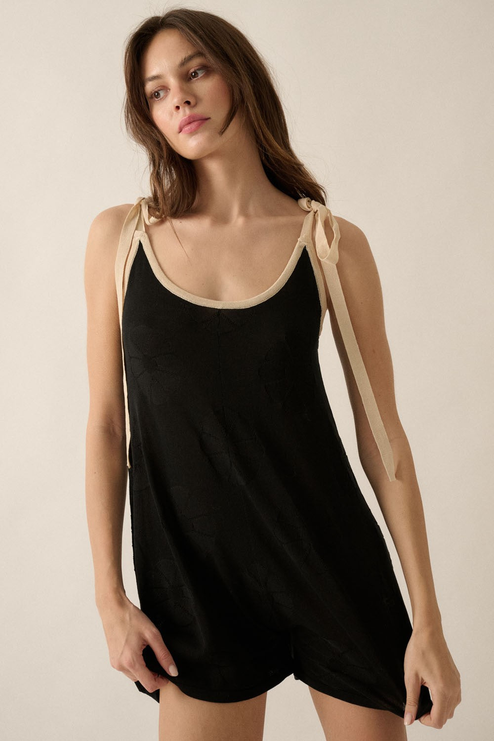Black Floral Jacquard Knit Shoulder Tie Maternity Romper
