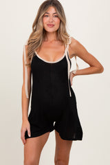 Black Floral Jacquard Knit Shoulder Tie Maternity Romper