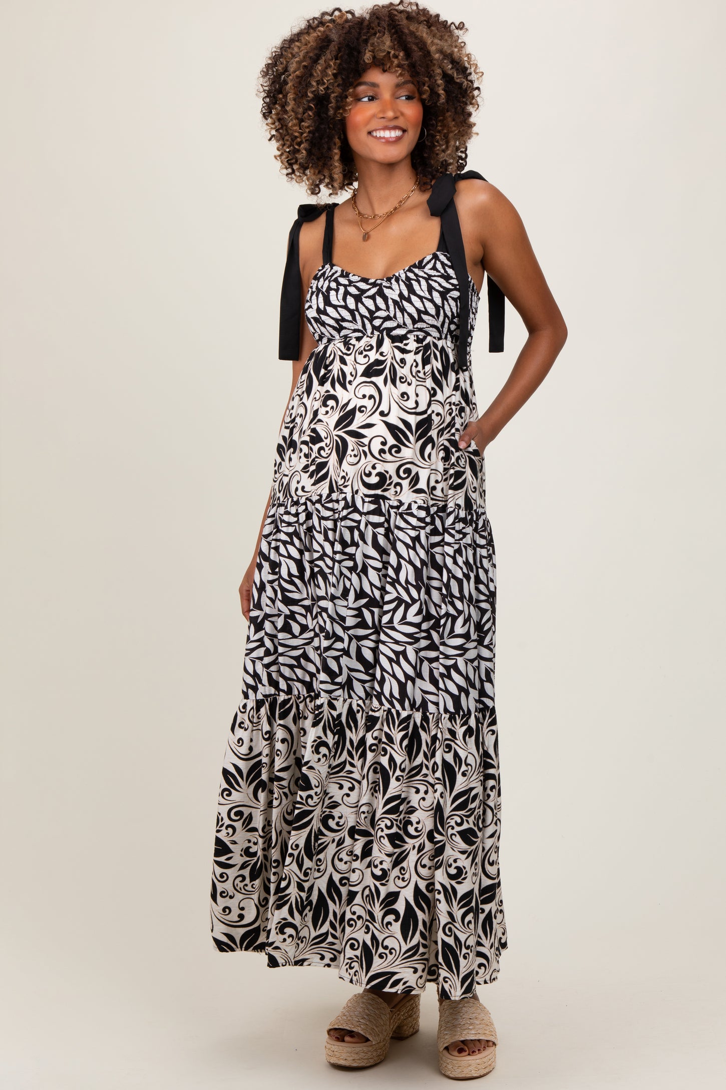 Black Leaf Print Smocked Shoulder Tie Tiered Maternity Maxi Dress