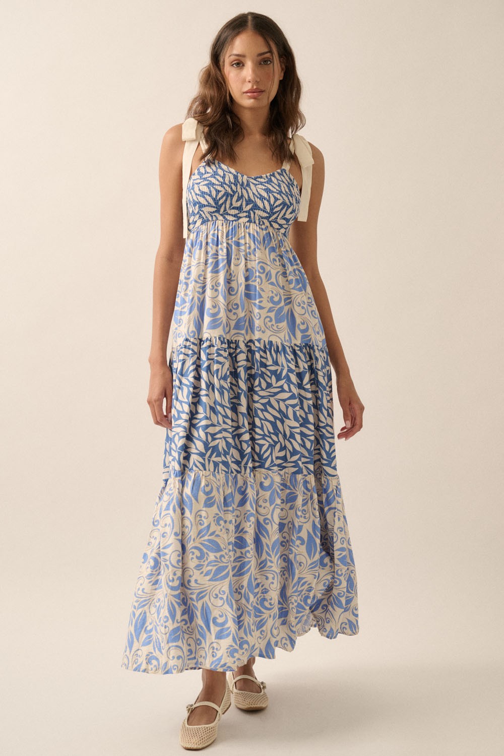Blue Leaf Print Smocked Shoulder Tie Tiered Maternity Maxi Dress