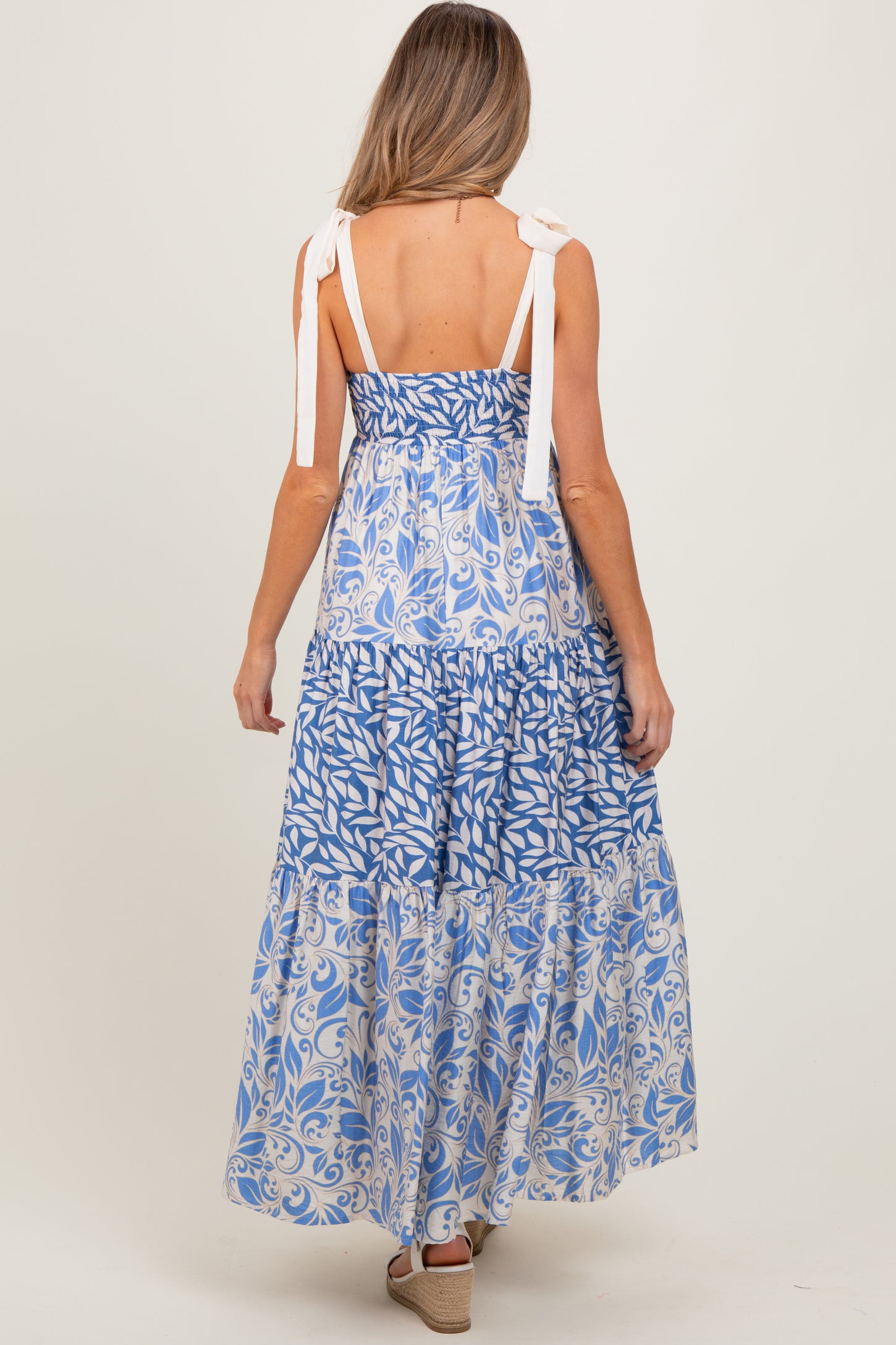 Blue Leaf Print Smocked Shoulder Tie Tiered Maternity Maxi Dress