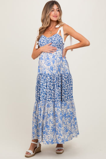 Blue Leaf Print Smocked Shoulder Tie Tiered Maternity Maxi Dress