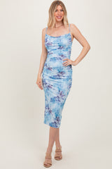 Light Blue Floral Ruched Low Tie Back Midi Dress
