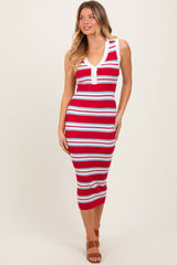 Red Striped Knit Sleeveless Polo Midi Dress