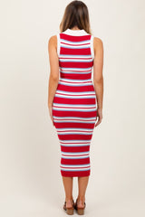 Red Striped Knit Sleeveless Polo Midi Dress