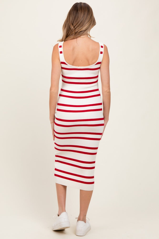 Red Striped Ribbed Knit Sleeveless Maternity Midi Dress