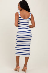 Navy Blue Striped Ribbed Knit Sleeveless Midi Dress