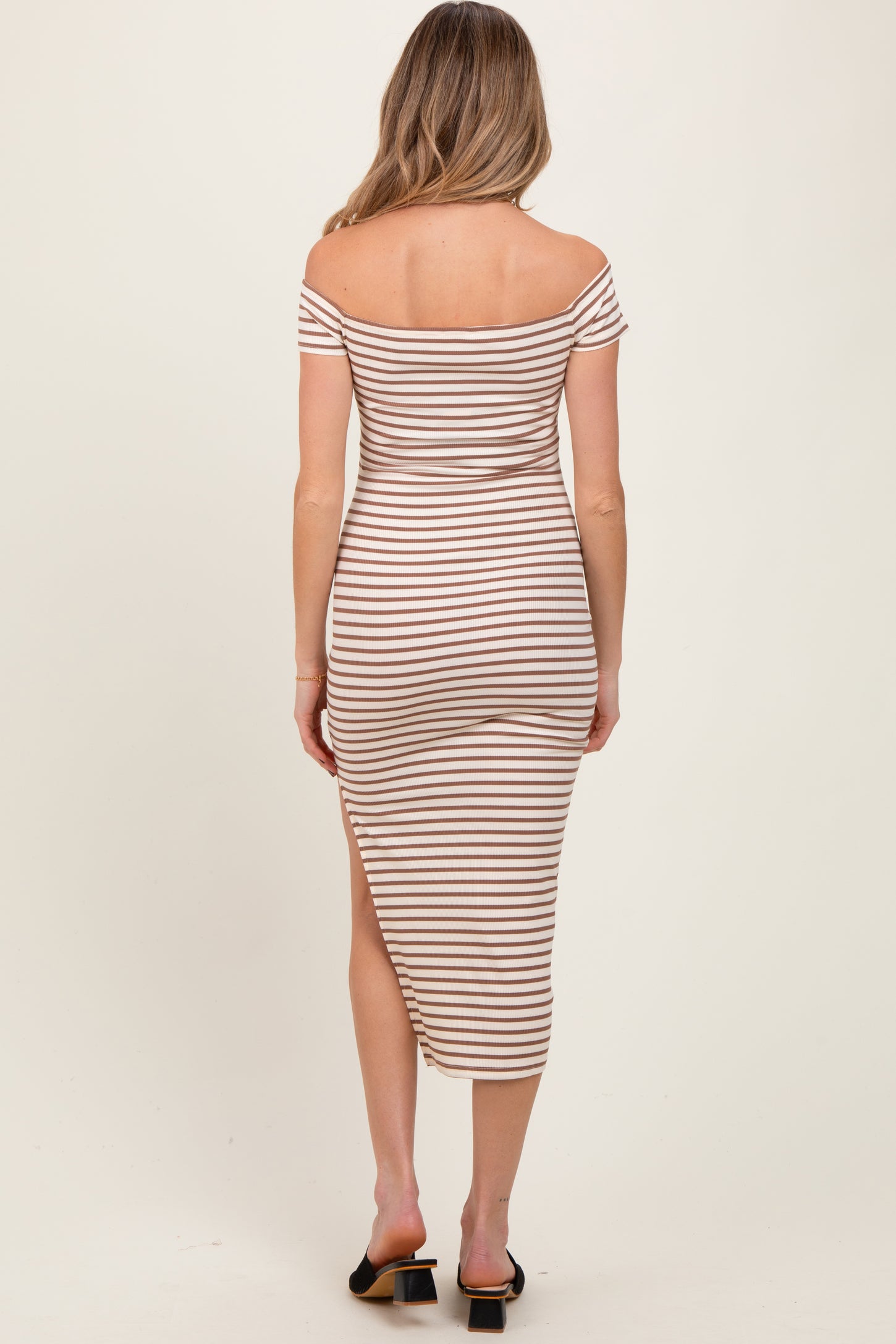 Mocha Striped Ribbed Off Shoulder Maternity Midi Dress