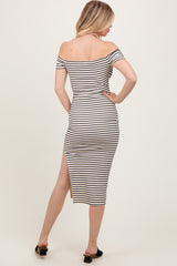 Black Striped Ribbed Off Shoulder Midi Dress
