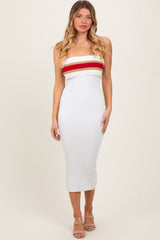 Ivory Ribbed Knit Striped Strapless Fitted Maternity Midi Dress