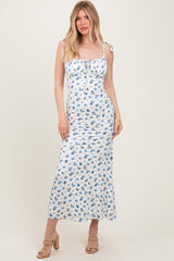 Blue Ribbed Floral Shoulder Tie Maternity Maxi Dress