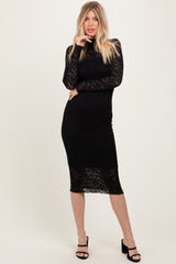 Black Lace Overlay Long Sleeve Fitted Midi Dress