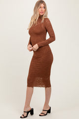 Brown Lace Overlay Long Sleeve Fitted Midi Dress