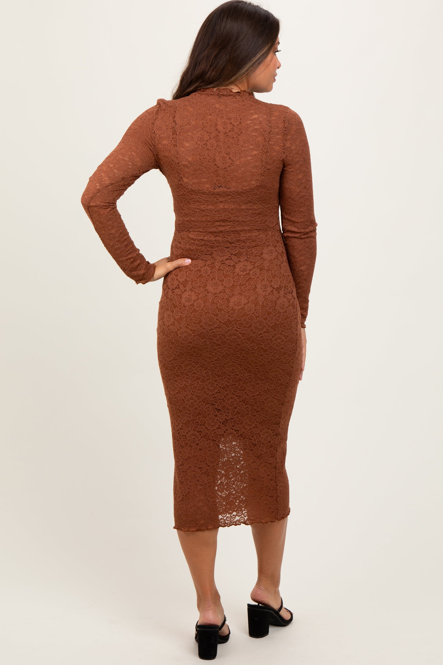 Brown Lace Overlay Long Sleeve Fitted Maternity Midi Dress