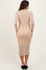 Cream Lace Overlay Long Sleeve Fitted Maternity Midi Dress