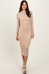 Cream Lace Overlay Long Sleeve Fitted Midi Dress