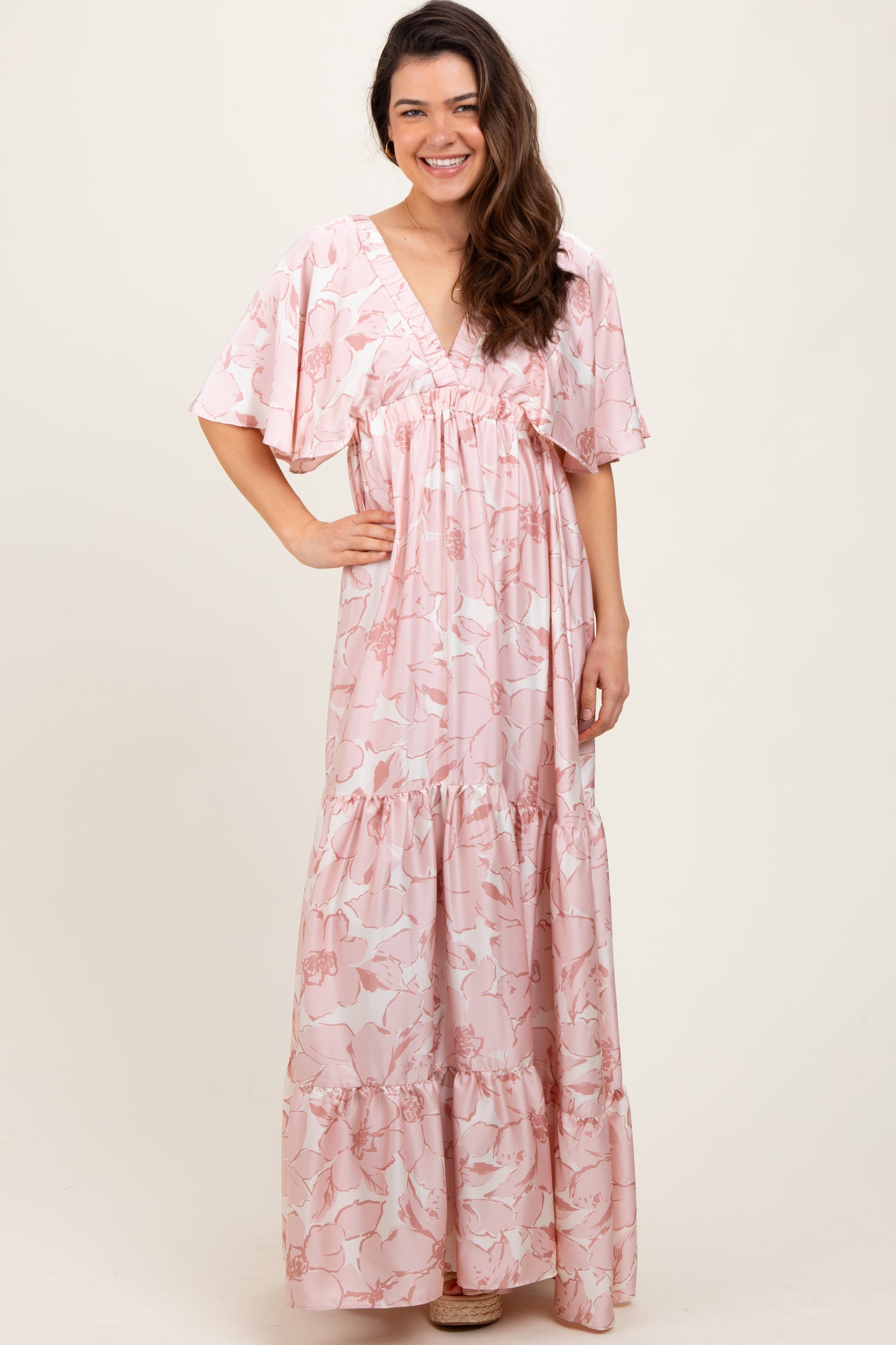 Pink Floral Short Sleeve Deep V-Neck Tiered Maternity Maxi Dress