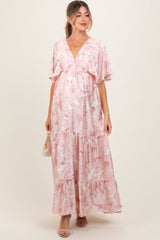 Pink Floral Short Sleeve Deep V-Neck Tiered Maternity Maxi Dress