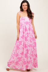 Pink Leaf Print Sleeveless Open Back Smocked Maxi Dress