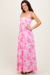 Pink Leaf Print Sleeveless Open Back Smocked Maxi Dress