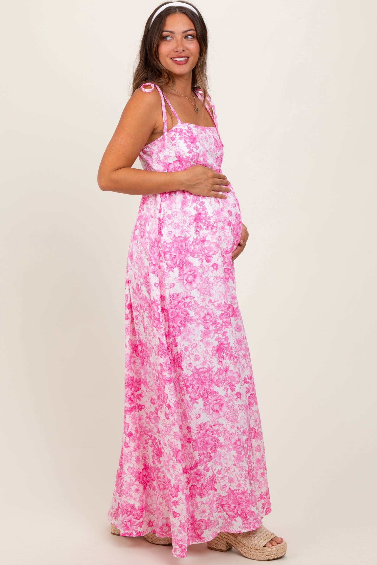 Pink Leaf Print Sleeveless Open Back Smocked Maternity Maxi Dress