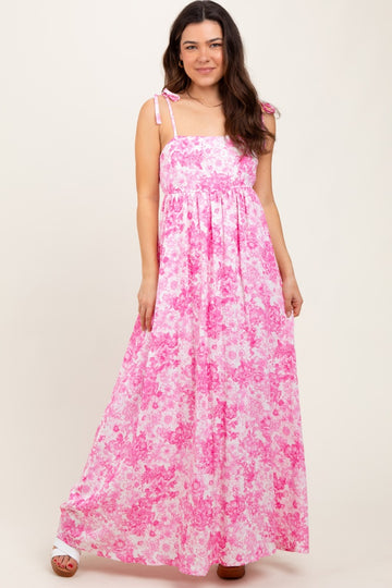 Pink Leaf Print Sleeveless Open Back Smocked Maxi Dress
