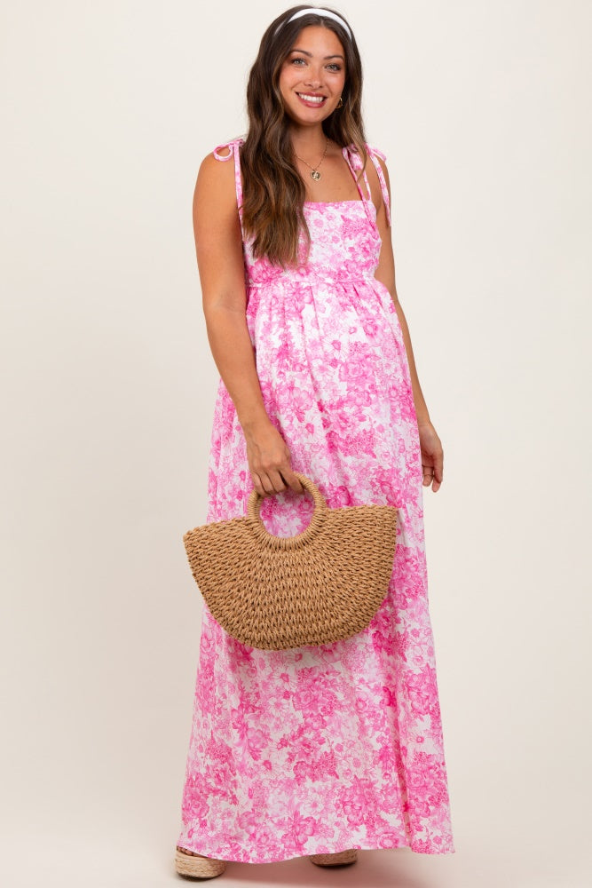 Pink Leaf Print Sleeveless Open Back Smocked Maternity Maxi Dress