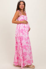 Pink Leaf Print Sleeveless Open Back Smocked Maternity Maxi Dress