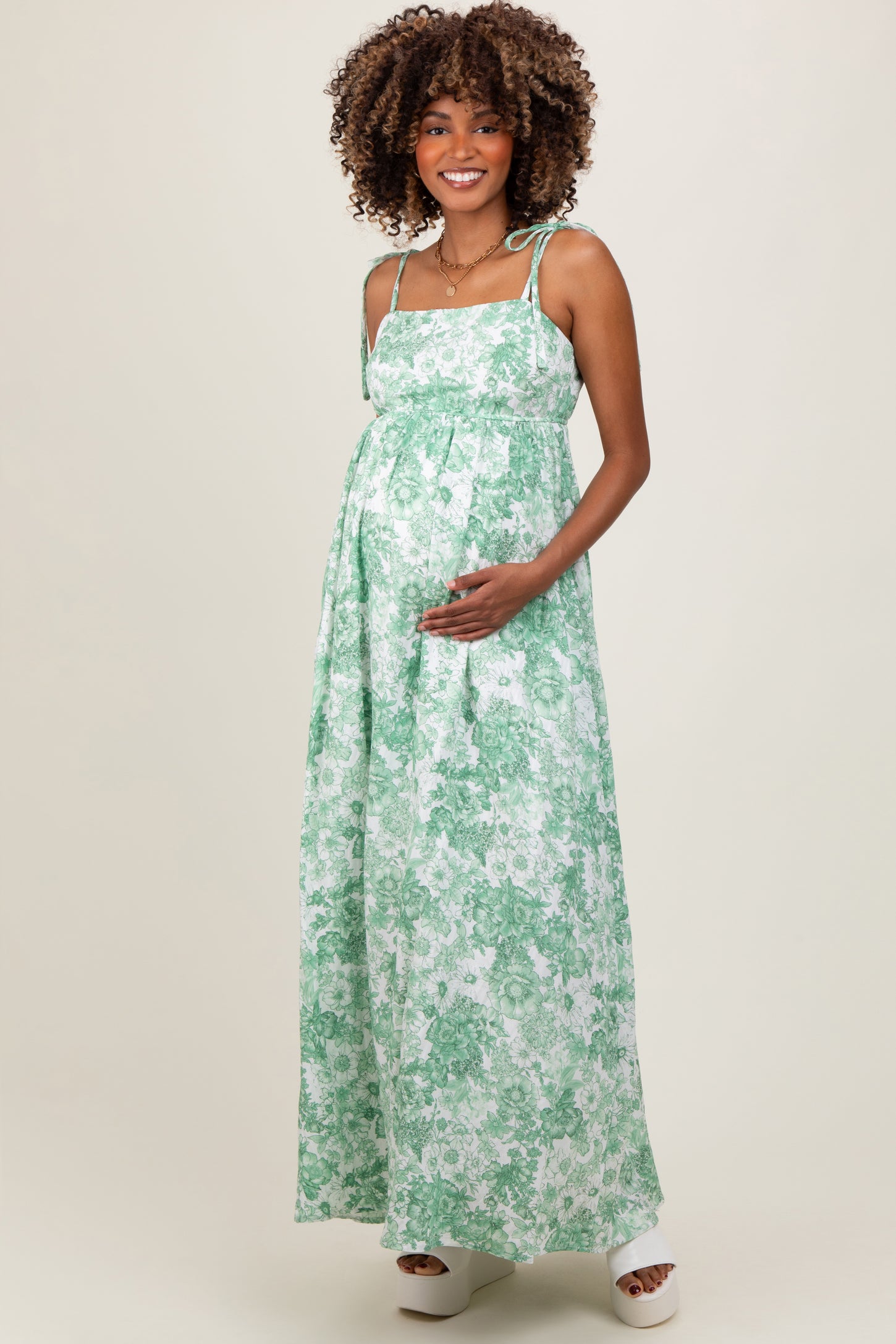 Sage Leaf Print Sleeveless Open Back Smocked Maternity Maxi Dress