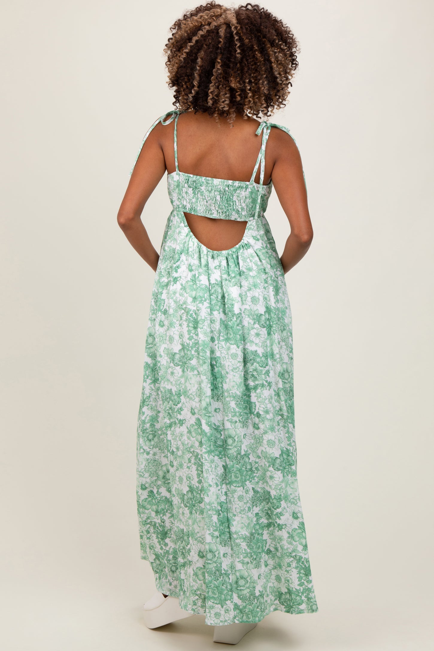 Sage Leaf Print Sleeveless Open Back Smocked Maternity Maxi Dress
