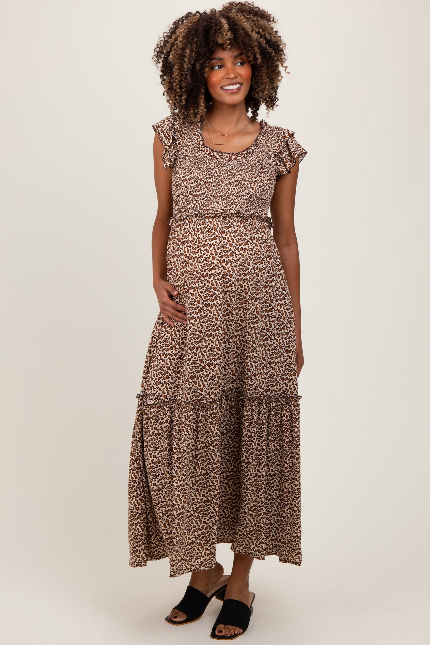 Mocha Leopard Print Ruffle Sleeve Tiered Maternity Maxi Dress