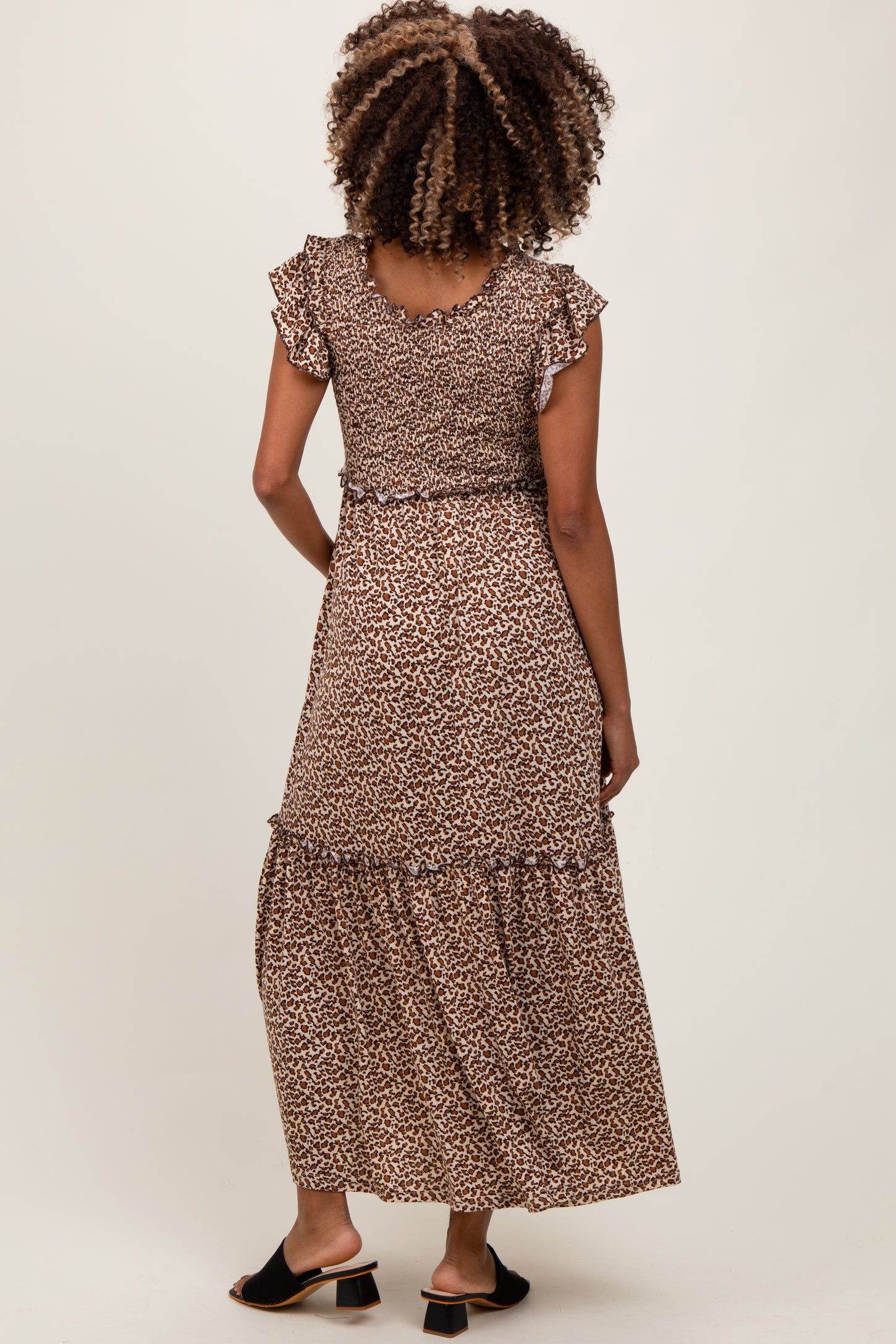 Mocha Leopard Print Ruffle Sleeve Tiered Maternity Maxi Dress